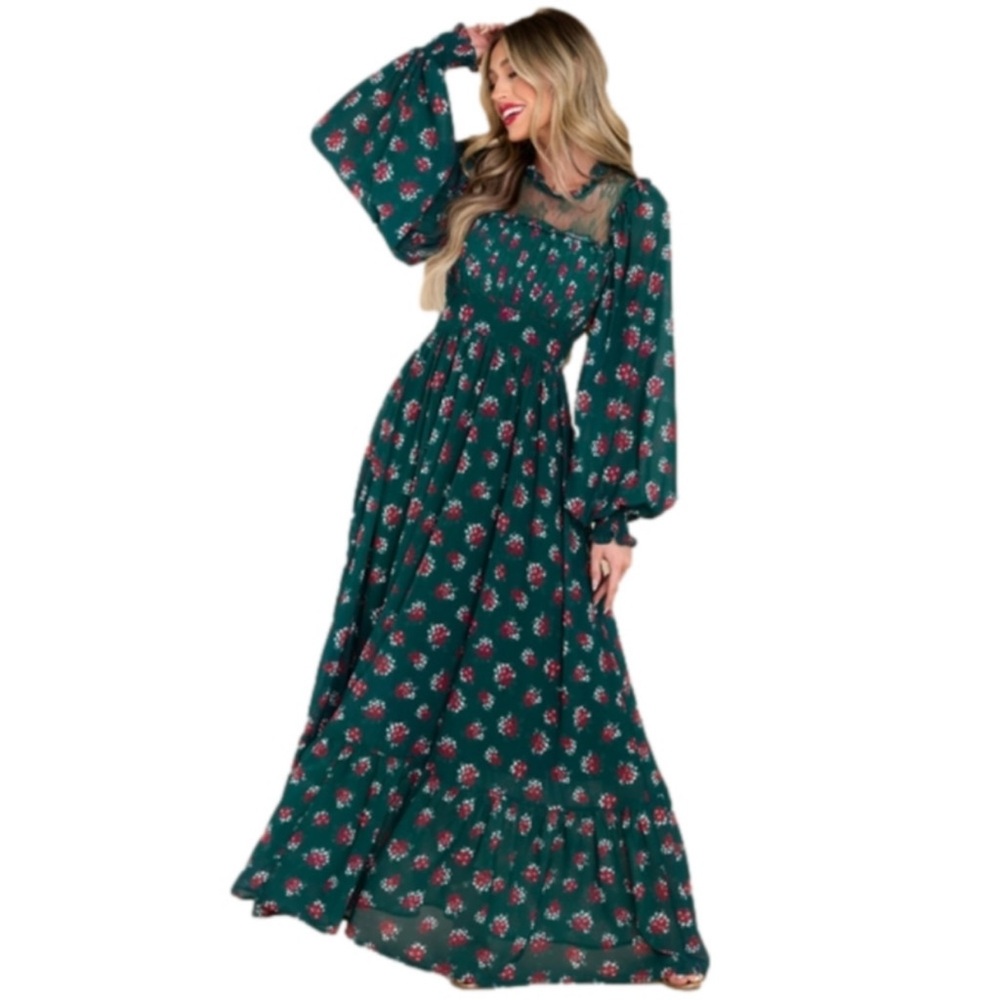 Aura x Red Dress All You Need Is Love Dark Emerald Floral Print Maxi Dress- L